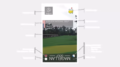 Front cover of a golf yardage book featuring the Magellan Golf logo, golf club logo, country flag, club and course names, a course photograph, language and unit settings, tee box color, yardage book style, and edition year.