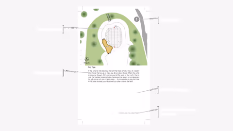 Overhead green diagram from a golf yardage book featuring contour lines, a putting grid, surrounding hazards, distance references, strategic advice section, and space for player notes.