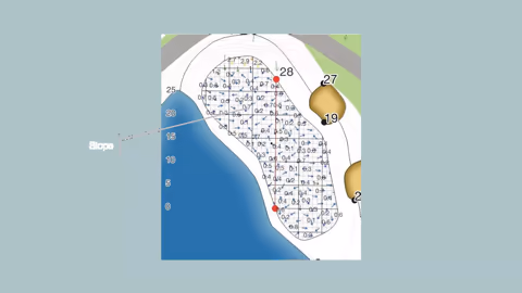 Detailed golf green map displaying a metric grid with numeric slope values, directional arrows, bunkers, water hazard, and pin positions for putting reads.