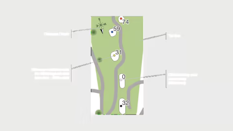 Detailed golf tee box map displaying tee positions, official starting point, north compass, distance differences from the white tee, and path toward the fairway.