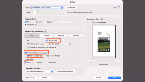 Screenshot of a PDF print dialog showing recommended settings: actual size, double-sided printing with long-edge flip, and automatic orientation.